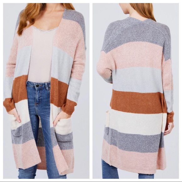 Boho chic color block knit cardigan with pockets - Picture 2 of 4